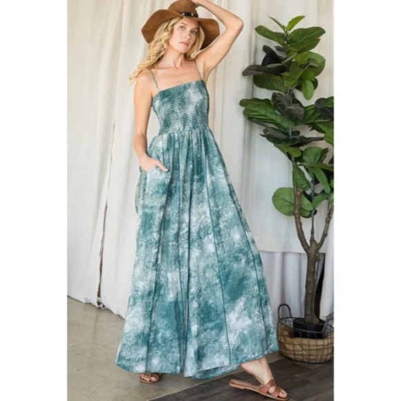 SOLD OUT Green Tie Dye Wide Palazzo Flare Leg Smocked Bohemian Casual Jumpsuit - Picture 2 of 13